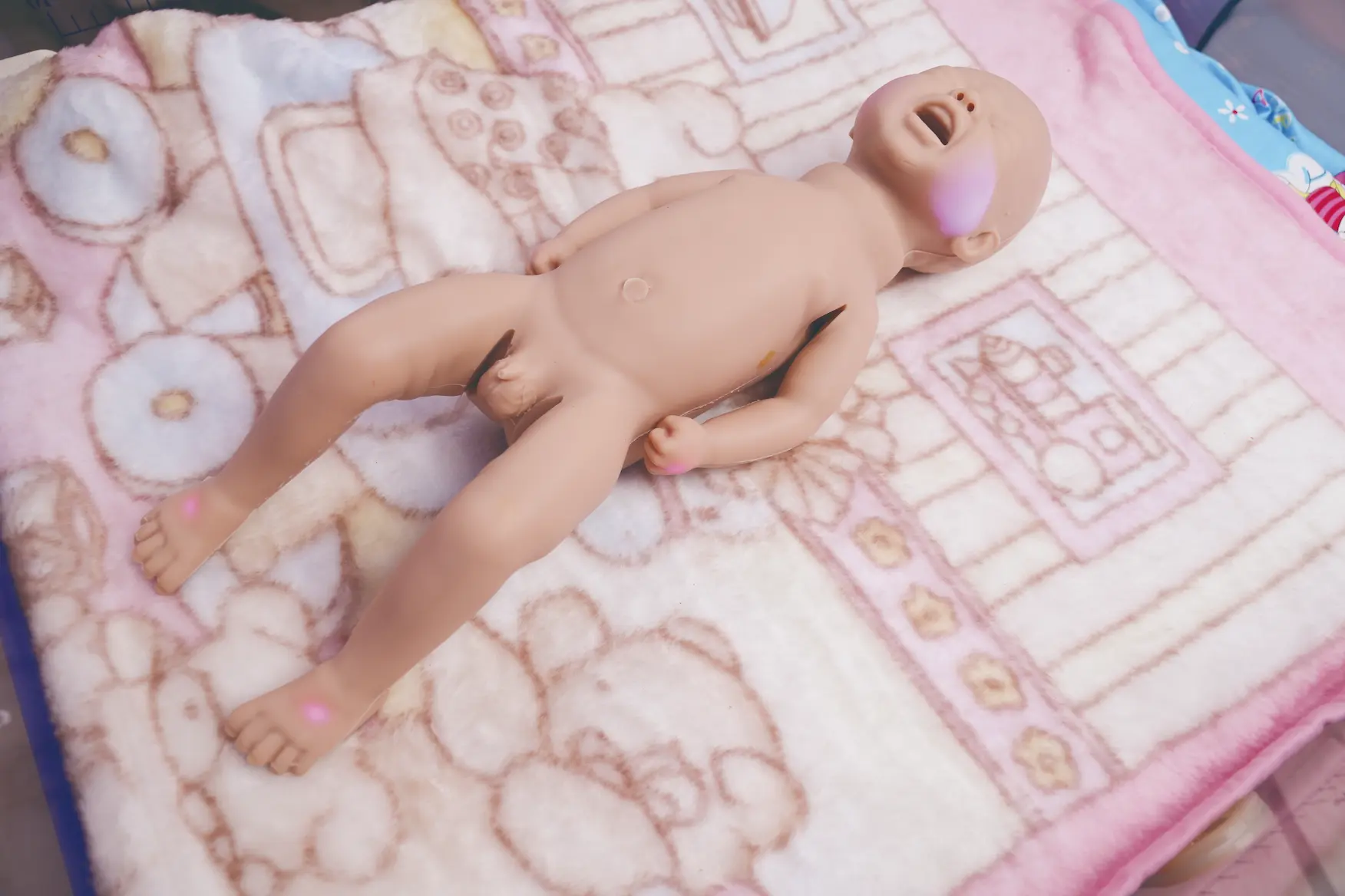 Muñeco simulador de parto NUWA sobre frazada rosa, demostrando modelo obstétrico realista para entrenamiento médico